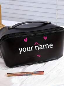 1pc Personalized Name Printed Makeup Bag - Large Capacity Cosmetic Organizer Bag With Zipper Closure And Top Handle - Customizable Travel Toiletry Bag In Black, Brown Or Pink - Perfect Women Birthday Gift, Makeup Bag