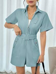 Mono corto liso casual de moda para dama con cinturón - Azul - Ver 2