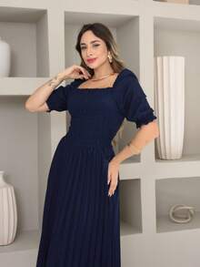 Vitoria Women's Short Sleeve High Waist Pleated Midi Dress - 藏蓝色 - 查看 6
