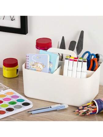 Multipurpose Storage Box, Plastic Storage Box With Handle, Stackable Plastic Suitcase, Office Supply Storage Box, Dormitory Storage Box, Suitable For Crafts, Office, Desk, Stationery Pen Holder, Kitchen, Tableware, Cosmetics, Bathroom, Shower Room, Cleaning Supplies, Dormitory Storage.