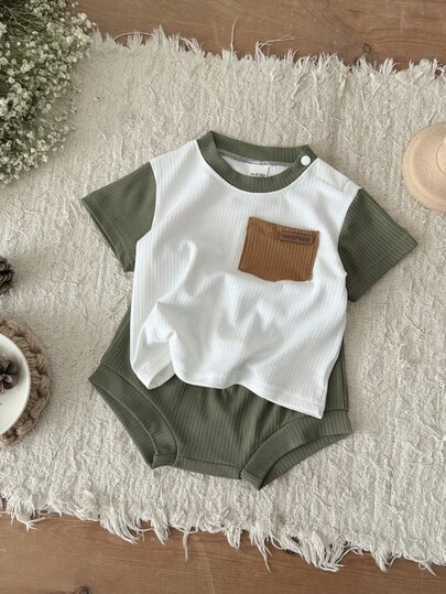 2pcs/Set Baby Boy Casual Color Block Round Neck T-Shirt And Shorts Set, Summer