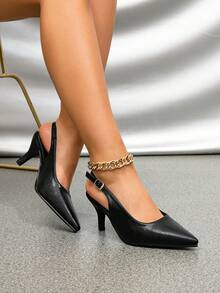 Pointed Toe Slingback High Heel Sandals With Ankle Strap, Hollow Out, Suitable For Wedding And Fashionable - Black - View 4