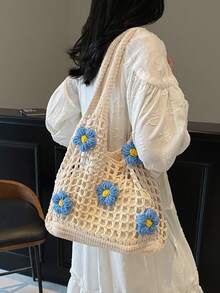 Bolsa tote de malha com flores vazadas, bolsa de ombro feminina de grande capacidade para férias casuais, bolsa de praia para compras da moda