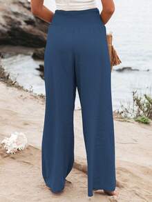 Plus Size Women's Solid Color Summer Vacation Casual Wide Leg Loose Pants Spring - Navy Blue - View 2