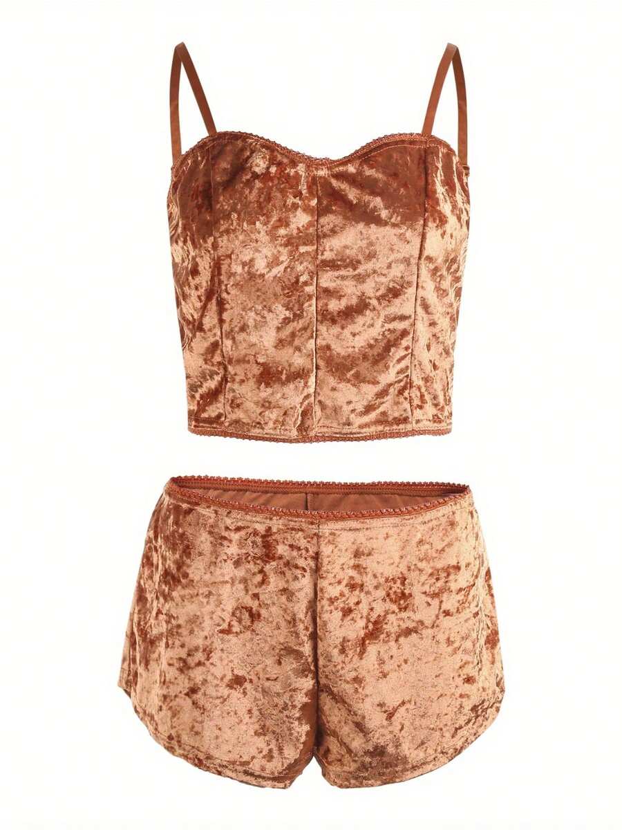 Womens Sexy Velvet Camisole Shorts Set Cute Bow Spaghetti Strap Solid Color Sleeveless Slim Sling Crop Top PJ Set With Shorts Lingerie Set Sleepwear Nightwear - 橘色 - 查看 1