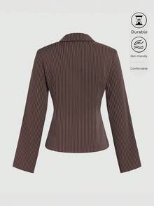 Women's Casual Striped Brown Button-Up Long Sleeve Shirt, All-Over Printed Blouse For Spring/Autumn - Brown - View 3