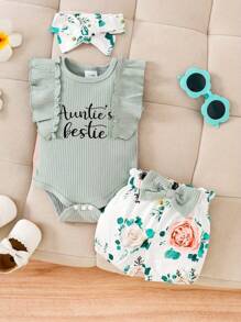 Baby Boys And Girls Summer Outfit Auntie Is The Best Friend Short Sleeve Ribbed Romper, Floral Shorts Clothing Set, Suitable For Outdoor