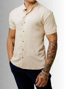 Men's Short Sleeve Shirt With Priest Collar, Comfortable, Cool, Easy To Iron - 卡其色 - 查看 2