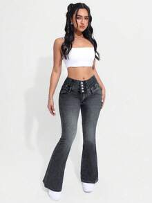 Women's Single-Breasted Slim-Fit Stretch Denim Flared Trousers - Grey - View 6