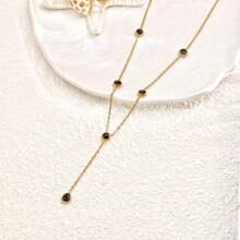 1pc 18K Gold Plated Stainless Steel Y-Chain Necklace With Black Zirconia Water Drop Tassel Pendant, Fashion Jewelry Suitable For Women's Daily Wear Or Holiday Gifts