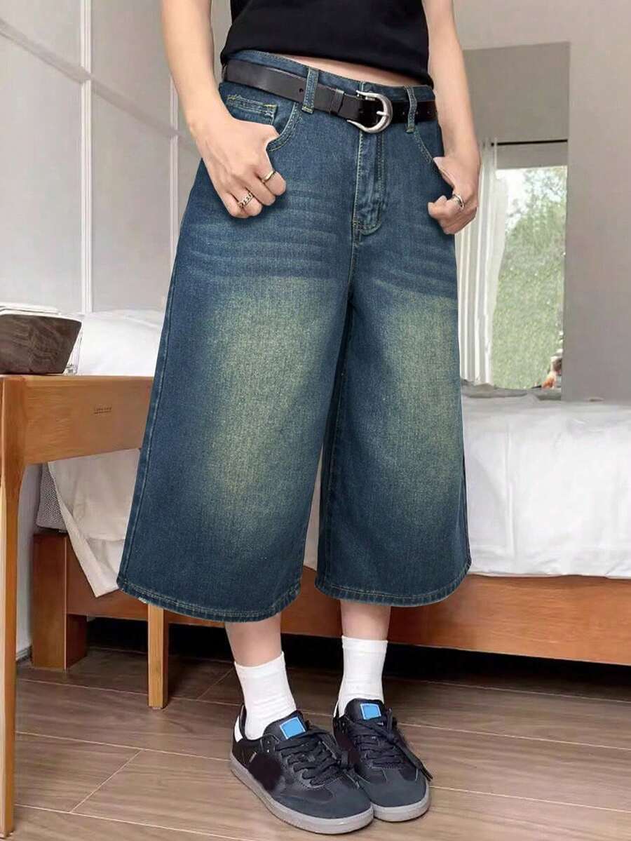 بنطال قصير جينز برمودا واسع الساق بجيب مموهة كت بتأثير غسيل فينتاج طراز Y2K