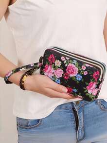 1 件女士帆布三折长钱包，火烈鸟、豹纹、花卉印花手包，大容量女士手提包，带零钱袋和手机袋