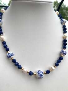 1 pieza Collar de piedra natural con flor de cerámica y perlas falsas, estilo bohemio, collar de cerámica azul, adecuado para uso diario de mujeres, citas, fiestas, vacaciones en la playa, regalo de joyería