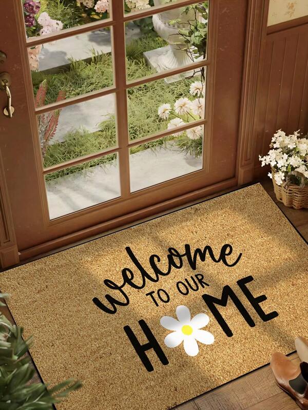 1pc Cute Welcome Home Daisy Pattern Doormat, Minimalist Style Short Plush Quick-Dry Non-Slip Washable Mat For Kitchen, Bathroom, Hallway, Entryway, Party, New Year, All Seasons, Yard Decor Room Decor Rug Carpet Bedroom Decor Rugs