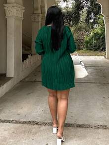 大码时尚优雅修身腰系带连衣裙，V 领长喇叭袖性感纯色迷你连衣裙 - 墨綠色 - 查看 4