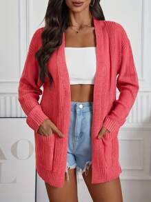 Cárdigan de manga larga y hombros caídos para mujer, de unicolor casual con bolsillos