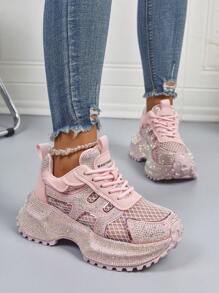 Women's Casual Sneakers With Colorblock, Breathable, Anti-Slip Sole, Rhinestone Decor, Chunky Platform, Unique Design, Versatile, Comfortable, Suitable For All Seasons, Retro College Style
