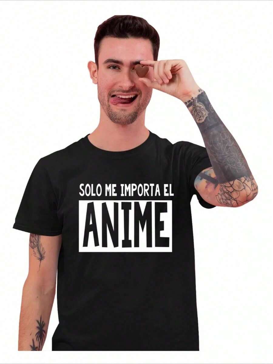 Spanish Anime Love Graphic 100% Cotton T-Shirt Spanish Text "SOLO ME IMPORTA EL ANIME" On The Front - Black - View 1
