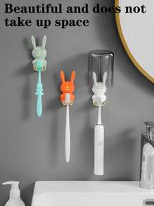 1pc/2pcs Simple & Practical Rabbit-Shaped Toothbrush Holder, No Drilling Required, Wall-Mount Bathroom Toothbrush & Rinsing Cup Storage Rack, Suitable For Attaching To Smooth Tiled Bathroom Or Kitchen Walls Home Bathroom Decor Fall Decor Back To School