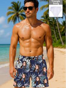 Customized Plus Size Men's Beach Shorts - Casual Swim Trunks With Drawstring Waist, Printed With Photos, Fun Birthday Gift For Boyfriend Or Partner