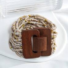 1pc New Geometric Wooden Block Clasp Elastic Multilayer Faux Pearl Beads Bracelet, Bohemian Women Jewelry