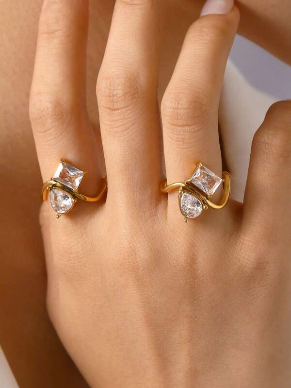 1pc Korean Personalized Punk Exaggerated 18k Gold Plated Stainless Steel Zirconia Crystal Geometric Water Drop Single Ring, Suitable For Summer Beach Jewelry