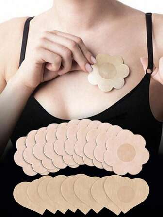 100 片，防凸起女士乳贴，隐形胸贴，一次性无过敏原，一次性粘性贴片，隐形胸部花瓣，心形贴片，适用于无肩带连衣裙、婚纱和夏季上衣、女士内衣、内裤、配饰、旅行必需品，适合户外、海滩、办公室、返校等。