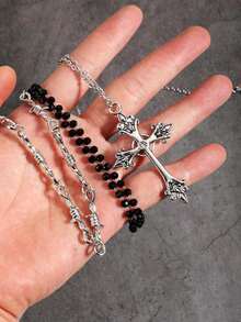 3pcs Y2K Gothic Retro Style Choker Necklaces, Goth Cross Pendant, Beaded Necklace Sets, Stylish Bohemian Star Pendant Necklaces, Hiphop Fashion Jewelry Set - Silver - View 6