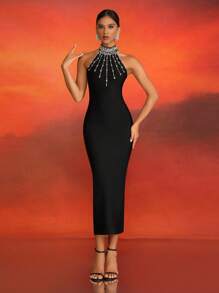 Luxury Handmade Rhinestone Embellished Sleeveless Black Bandage Slit Evening Dress For Women, Elegant Formal Prom Dress, For Wedding Guest, Graduation, Dinner