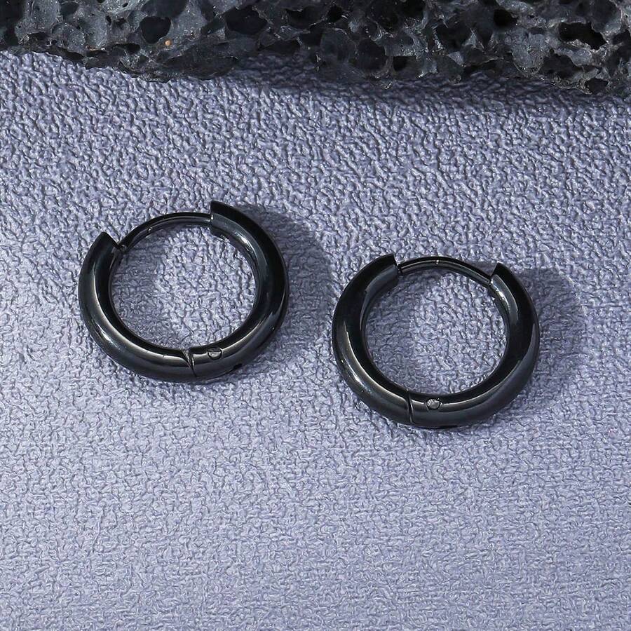 1 对简约不锈钢 2.5 毫米直径男士环形耳环 - 黑色 - 查看 1