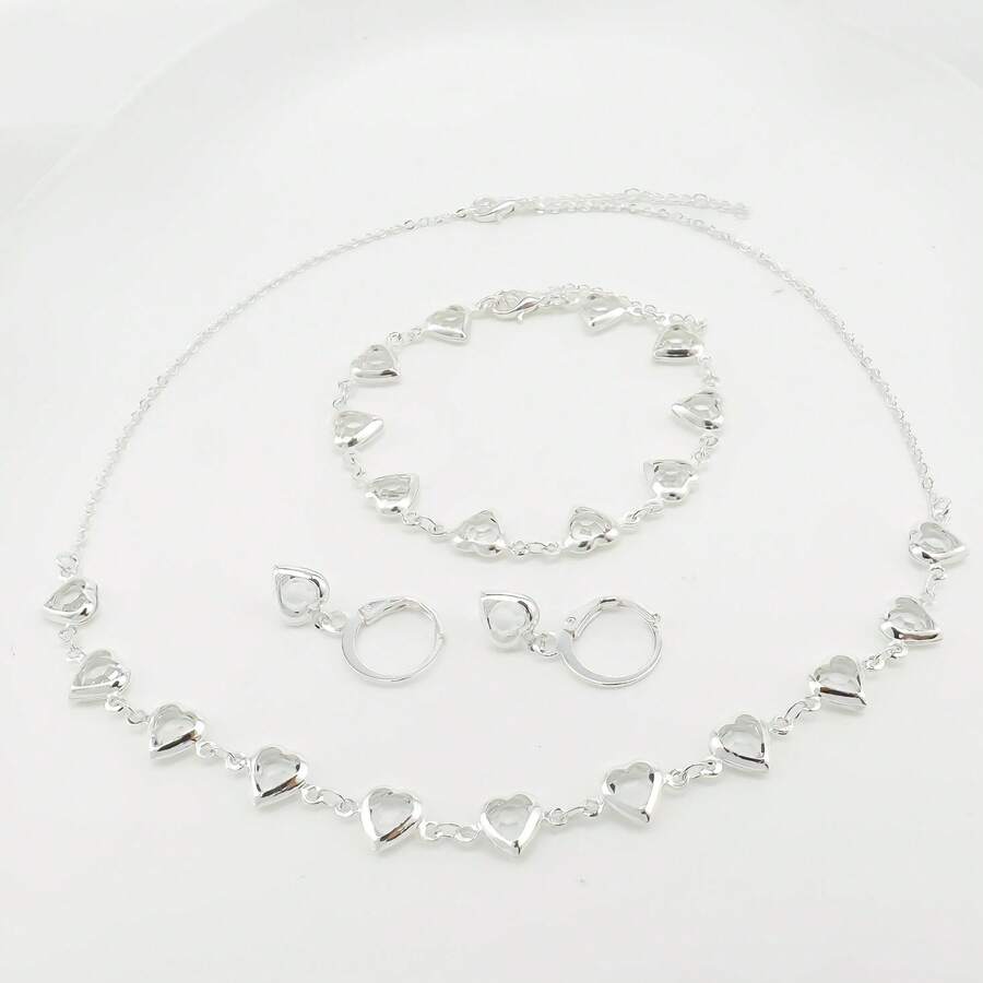 Women's Colorful Heart Necklace + Bracelet And Earrings Set In 925 Silver Plated - White - View 1