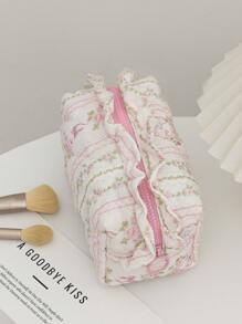 1 Peça Bolsa de Maquiagem Fofa com Laço, Portátil e Compacta, Padrão de Laço Fofo, Bolsa de Toucador de Viagem, Organizador de Maquiagem com Zíper, Bolsa Acolchoada de Cosméticos, Bolsa de Maquiagem Franzida com Zíper, Dobrável e Estilosa para Pincéis, Bolsa de Cosméticos Estética para Presente, Amiga, Itens Essenciais de Viagem, Férias, Verão, Volta às Aulas, Bolsa Escolar, Bolsa de Viagem para Mulheres, Bolsa de Maquiagem para Viagem