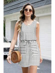 Womens Summer Striped Dresses Casual Sleeveless Shirt Dress Drawstring Waist Sundress With Pockets - Blue - View 5