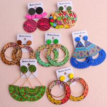 10 Pairs Boho Style Wooden Stud Earrings With Colorful Geometric Hollow Print, Suitable For Daily, Party And Gathering Wear, Random Design