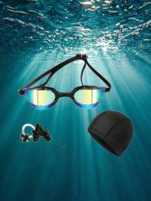 4 件套黑色硅胶电镀游泳镜套装，适合成人 - 高级 PC 材质 - 包括镜片、泳帽、鼻夹、耳塞 - 男女专业游泳装备