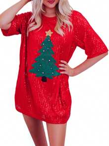 Women's Christmas Mini T-Shirt Dress Sequin Christmas Tree Pattern Short Sleeve Round Neck Loose Short Dress - Màu Đỏ Sâu - Xem 5