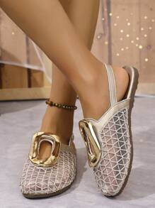 Women's Summer New Headscarf Mesh Circle Buckle Woven Flat Sandals, Fashion Versatile Breathable Slip-On Vacation Slippers