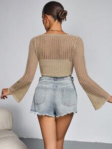 Cardigan corto de punto calado de unicolor talla grande - Caqui - Ver 3