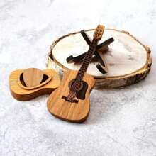 1 peça de palhetas de guitarra, caixa de palhetas em formato de guitarra, estojo de madeira personalizado, inclui 3 palhetas, adequado para guitarra, baixo, ukulele, cor de madeira natural