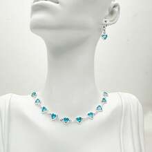 Women's Colorful Heart Necklace + Bracelet And Earrings Set In 925 Silver Plated - 淺藍色 - 查看 2