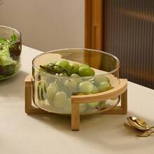 1 pieza Frutero de vidrio con base de bambú, plato para aperitivos para la sala de estar, frutero para el hogar, tazón para ensalada, tazón de bufé para restaurante, apto para el hogar, restaurante, hotel