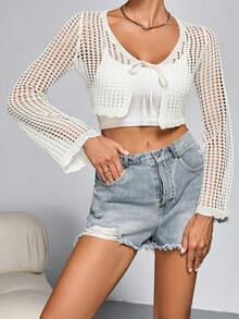 加大码纯色镂空短款针织开衫 白色 春季 - 白色 - 查看 5