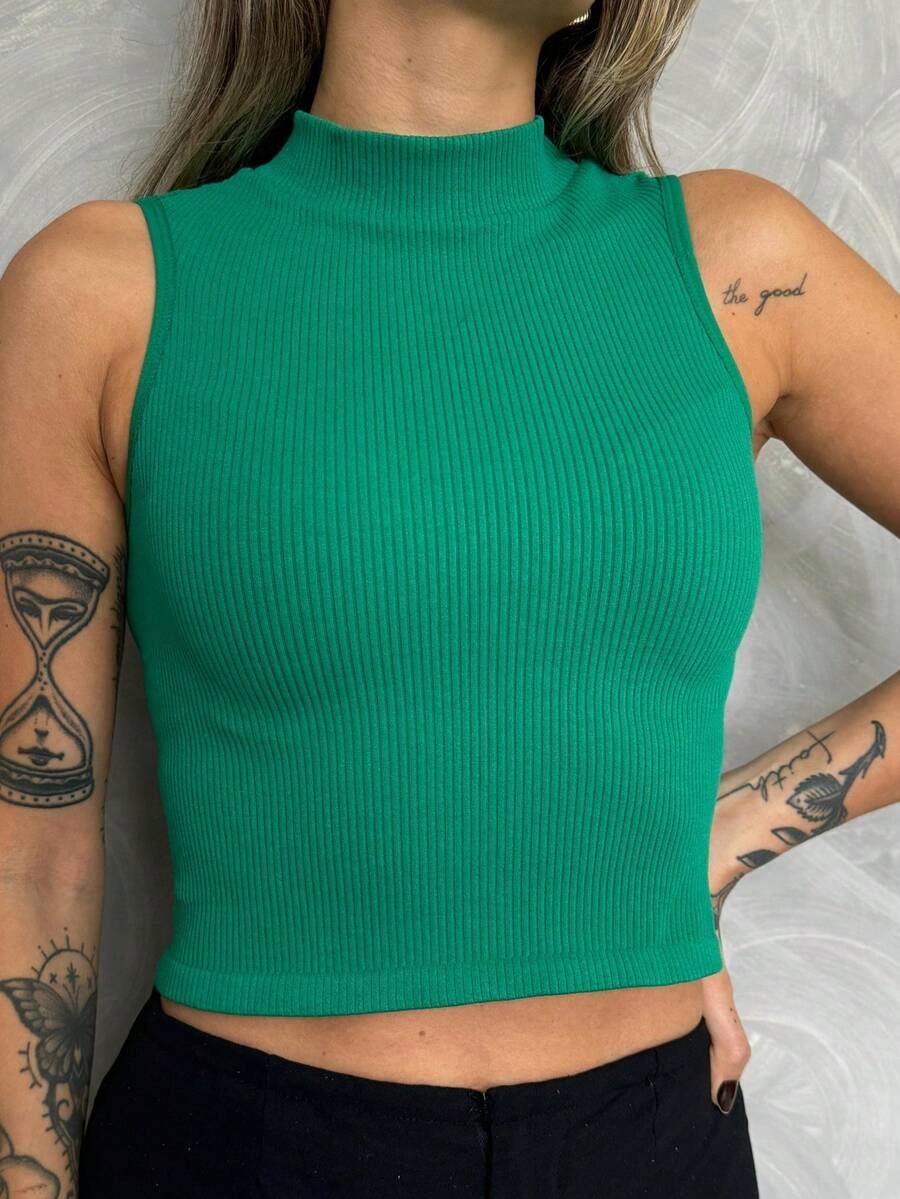 High Neck Blouse Polyamide Seamless Cropped Tank Top With Women's Collar - 綠色 - 查看 1