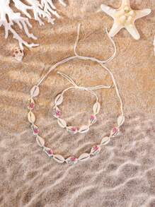 2 pièces/set Style de vacances balnéaire bohème, collier et bracelet set coquillage, coquillages dorés et roses faits main noués, convient pour les vacances ou les fêtes