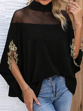 Women's Spring/Summer New Stand Collar Thin Mesh Collar Cape Style Long Sleeve Top, Bestselling