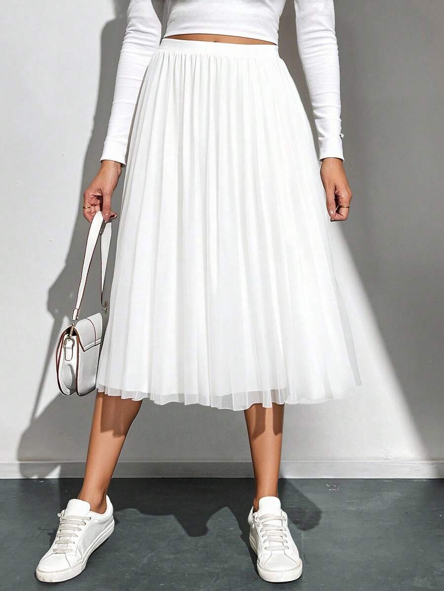 Falda midi dama mujer tejido mesh gllitter suave decorativo pretina elástica bajo recto semi plisado cómodo girly chic día noche fiesta concierto vacaciones calor primavera verano calle concierto cumpleaños - Blanco - Ver 1