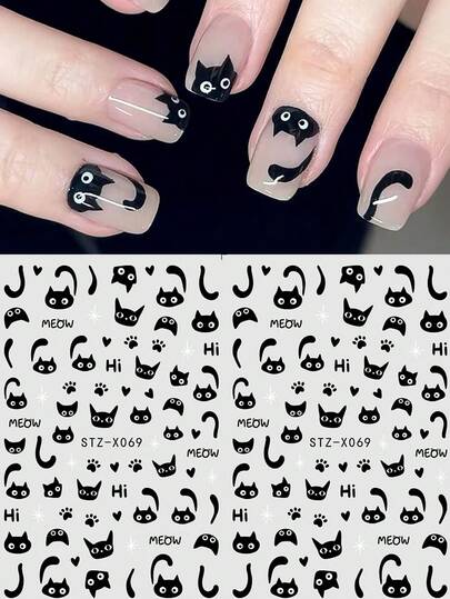 2片可爱美甲贴纸 - 黑色猫爪和尾巴、星星、爱心图案，滑动式全息自粘装饰美甲贴纸，DIY美甲配件及工具，美甲用品