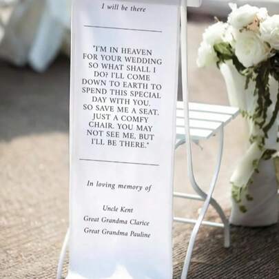 Cartel conmemorativo de boda reservado, placa de tela personalizada, bandera para silla de ceremonia de boda para conmemorar a los seres queridos fallecidos, placa conmemorativa de boda personalizada