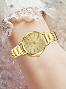 2PCS Alloy Strap Women's Watch Set Fashion Classic Roman Numeral Scale Circular Dial Quartz Watch Set Suitable For Daily Clothing Matching Or Holiday Gifts