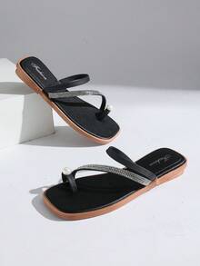 2025 Comfortable Thick Bottom Women's Flat Shoes, Soft & Flexible, New Stylish Square Toe Slip-On Mules With Elegant Detail, Metallic Buckle Decoration, Refined Fashion Solid Color Flats - Black - View 8